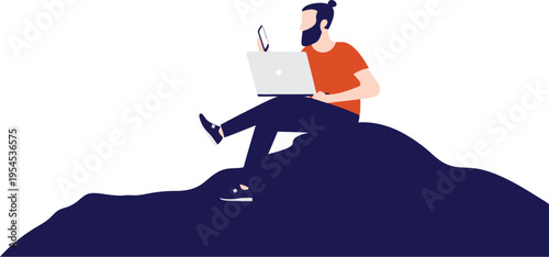 Man working remotely on laptop on top of mountain peak with he is working