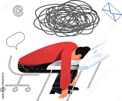 Overworked person slumped at desk with tangled thoughts with chaotic scribbles