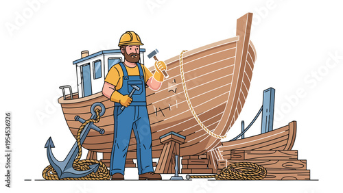 Crafting a Vessel: A skilled craftsman meticulously works on a wooden boat, demonstrating the artistry and dedication involved in shipbuilding.