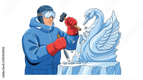 Artisan Carving Swan in Ice: A skilled artisan, enveloped in winter wear, meticulously sculpts a swan from a block of ice, demonstrating the intersection of skill, art, and the beauty of creation.