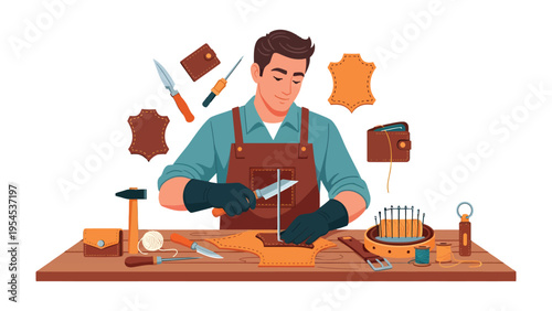 Artisan Crafting Leather Goods: A skilled artisan meticulously works on a knife, essential to the creation of handmade leather goods like wallets and keychains.