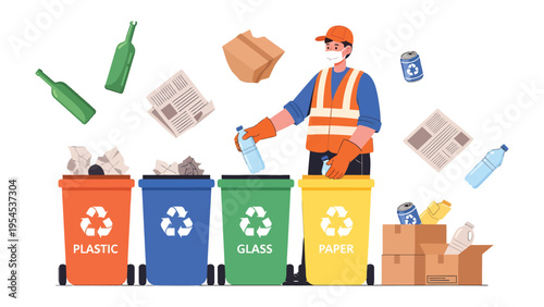 Sorting Materials for a Greener Future: A dedicated worker diligently sorts recyclable materials into designated containers.
