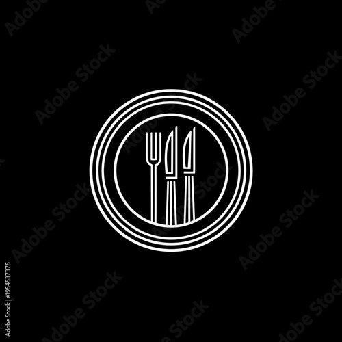 Minimalist white silverware on plate icon against a black background