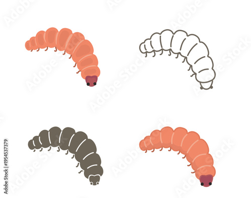 Apple worm. Caterpillar larvae pest set. Garden insect infestation vector in flat and outline styles