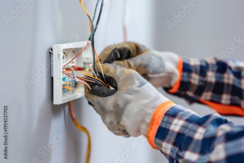Electrician installing new electrical wiring in switchbox