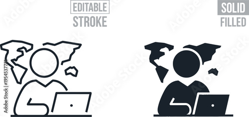 Person working on laptop with world map background with available in both