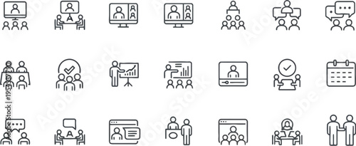 Set of business meeting and work icons with line art