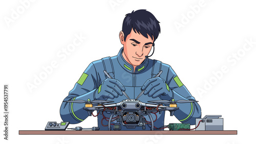 Drone Technician at Work: A skilled technician diligently inspects and repairs a drone, demonstrating expertise in the realm of technology and innovation. 