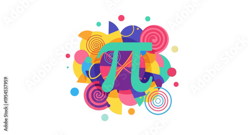 Vector illustration celebrating Pi Day with a colorful design featuring the mathematical symbol pi, surrounded by various shapes and patterns on a white background, conveying a joyful and