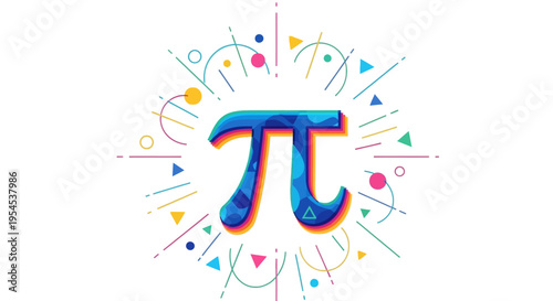 Colorful illustration of the mathematical symbol pi surrounded by geometric shapes and lines on a white background, celebrating Pi Day with a vibrant design.