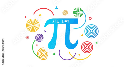 Vector illustration celebrating Pi Day with colorful mathematical symbols and formulas on a vibrant background, featuring the iconic pi symbol and decimal numbers in a joyful design.