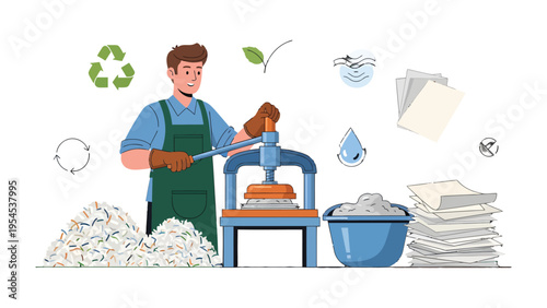 Eco-Friendly Paper Production: A dedicated individual employs traditional methods, meticulously crafting fresh paper from recycled resources, championing sustainability and environmental stewardship.