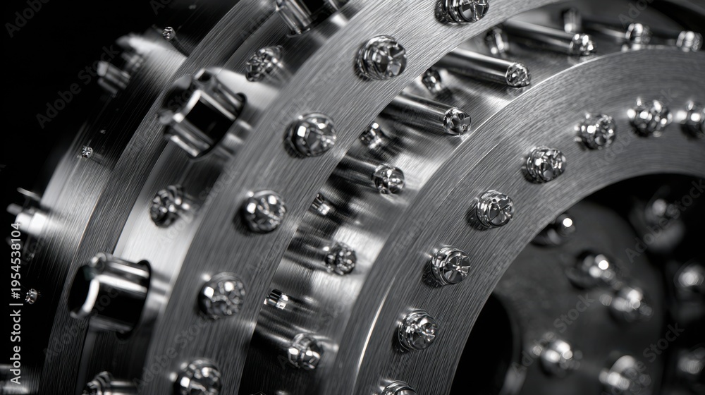 Fototapeta premium Close-up of polished metallic gear with intricate details showcasing industrial design and engineering excellence in monochrome