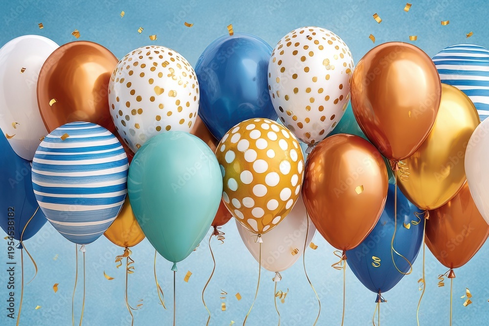 Fototapeta premium Colorful blue and gold balloons with confetti for party celebration and festive background