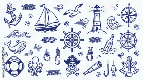 Nautical and Marine Theme Hand Drawn Doodle Icon Set