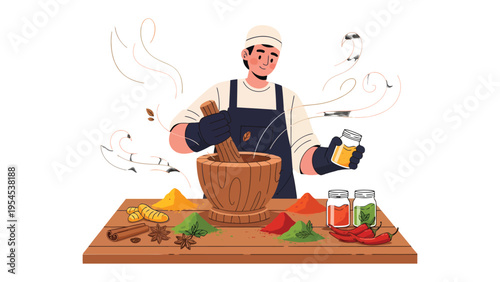 Culinary Artistry: A chef meticulously prepares a flavorful dish, skillfully grinding spices in a mortar, with herbs and colorful spices carefully arranged on a wooden table.