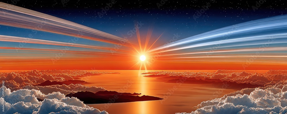 Fototapeta premium Sunrise over an alien horizon with planetary rings, clouds and reflective ocean in a cosmic panorama