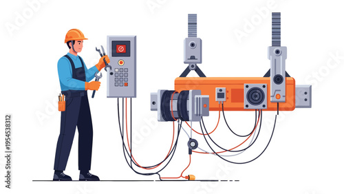 Industrial Technician at Work: An industrial technician, equipped with tools, diligently works on complex machinery. This image highlights expertise and precision in the realm of industry.