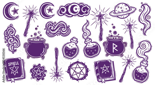 Set of magical witchcraft elements and mystical symbols in purple doodle style