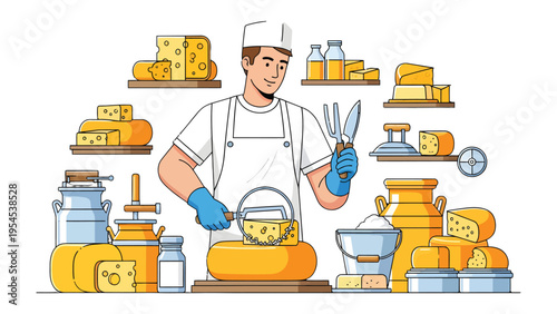 Cheese Maker's Craft: A skilled artisan, enveloped in the craft of cheesemaking, intricately crafting cheese with specialized tools in a dairy setting.