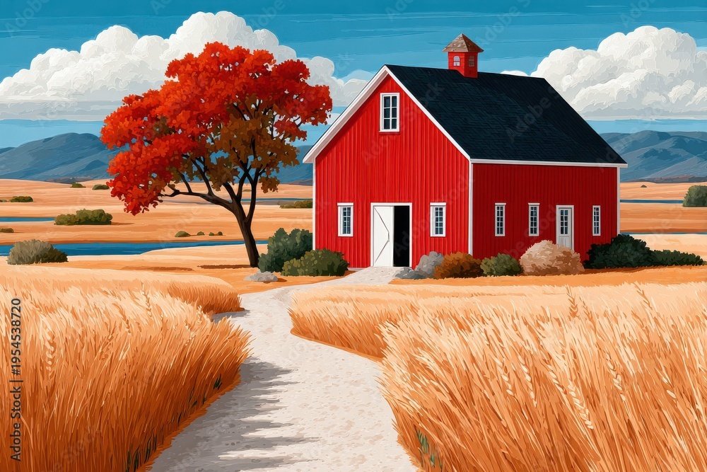 Naklejka premium Red barn beside a golden wheat field with a tree-lined path in a calm rural landscape