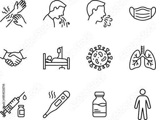 A collection of medical icons illustrating COVID-19 symptoms and prevention methods