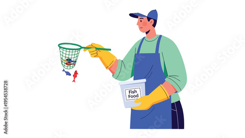 Fisherman's Routine: Illustration of a fisherman in action, carefully managing the marine life. He is engaged in fishing work with a scoop net, showcasing dedication to the task.