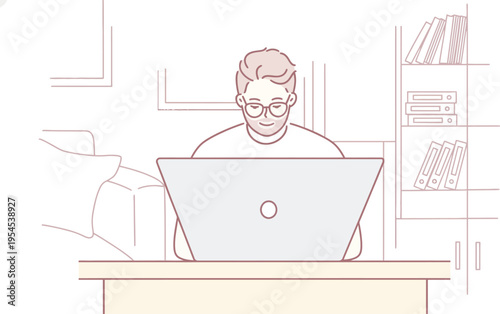 Man working on laptop at desk with bookshelf illustration
