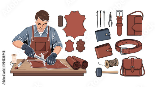 Artisan Crafting: a skilled artisan meticulously cuts and shapes leather. his dedication, craftsmanship, and the tools of the trade are carefully laid out before him.