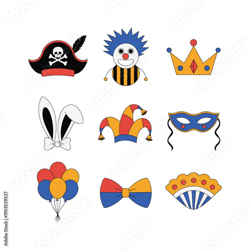 Carnival and Party Celebration Icon Set with Costumes and Accessories