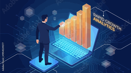 Professional analyst monitoring isometric rising growth bar charts on laptop with digital background, concept for business progress, financial data reporting and market success strategies