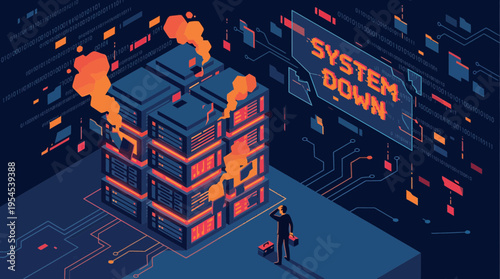 isometric illustration of server racks smoking with system down alert and stressed network engineer, concept for cybersecurity insurance, technical support and data recovery services
