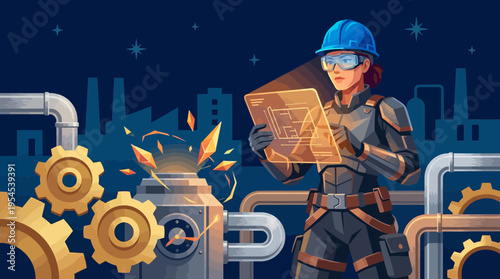 Female industrial engineer manager wearing safety gear analyzing holographic schematics near factory gears at night, concept for smart manufacturing, technical management and automation
