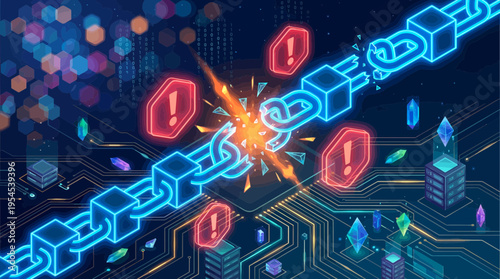 Glowing blue neon digital blockchain chain breaking with explosion and warning alerts on motherboard background, concept for cyber security breach, data system failure and crypto hacking