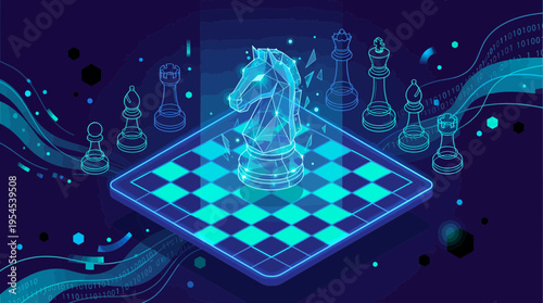 Blue glowing wireframe chess knight on an isometric virtual board with streaming binary data waves, concept for artificial intelligence strategy, business growth and cyber security game