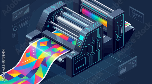 Isometric futuristic digital printing press machine outputting colorful geometric pattern with circuit board motifs, concept for modern industry, digital publication and industrial technology