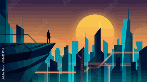 Silhouette of a successful entrepreneur standing on a building edge looking at a futuristic city skyline at sunset, concept for business vision, career growth and urban planning