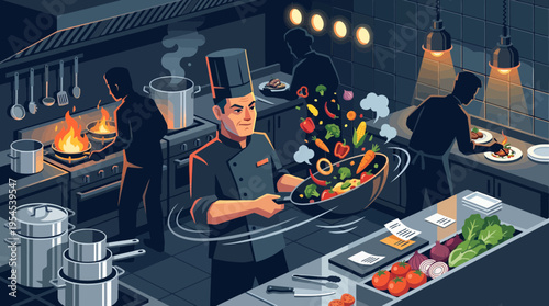Executive chef manager tossing organic vegetables in a wok inside a busy commercial kitchen workstation, concept for professional hospitality business, culinary industry and worker career training