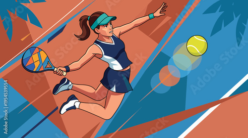 Energetic female office worker hitting a tennis ball while jumping on a tropical court, concept for work life balance, executive retreat and corporate wellness