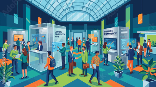 Diverse business executives and managers networking at futuristic innovation trade show with digital data displays, concept for global commerce, corporate networking and tech exhibition