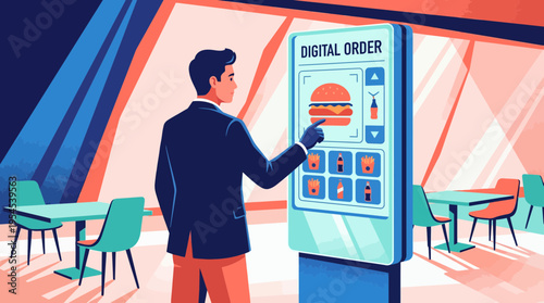 Corporate executive using digital self-service kiosk to order fast food in modern restaurant interior, concept for automated retail service, contactless ordering and smart city technology