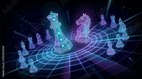 Glowing neon blue and purple wireframe chess pieces on a futuristic digital grid network, concept for strategic business planning, artificial intelligence development and digital leadership management