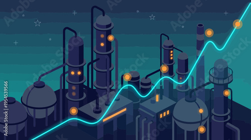 Isometric illustration of a futuristic oil refinery and chemical plant with rising neon financial growth chart, concept for industrial productivity, market analysis and energy sector investment