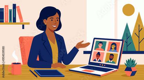 Professional project manager leading virtual meeting on laptop in home office with coffee and tablet, concept for remote collaboration, digital webinar and business teleconference