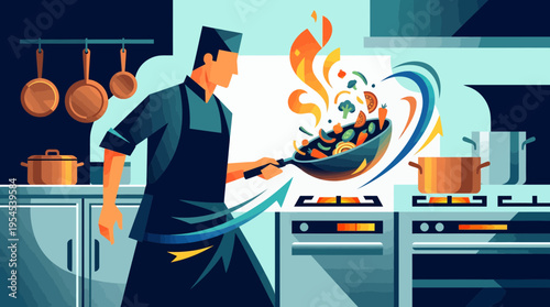 Professional executive chef tossing vegetables in a wok over hot stove in stylized kitchen illustration, concept for culinary branding, restaurant marketing and food advertising