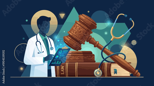 Male medical director in white coat holding digital clipboard next to law book and wooden gavel on abstract background, concept for medical malpractice, healthcare law and forensic medicine