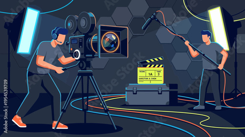 Professional camera operator and boom operator filming with cinema camera and studio lighting in studio background, concept for movie production, digital filmmaking and video advertising