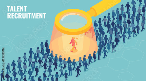 Isometric illustration of a magnifying glass selecting a top specialist from a queue of professional employees, concept for human resources, corporate talent acquisition and recruitment