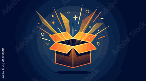 Glowing light and sparkles bursting out from an open cardboard box on a dark blue background with circles, concept for creative innovation, product launch and surprise gift unboxing