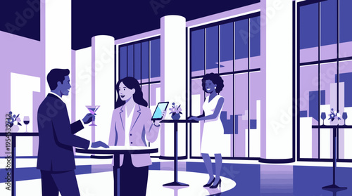 Successful executives and corporate managers networking at a formal evening event in a luxury lounge with city views, concept for professional networking, corporate events and executive lifestyle